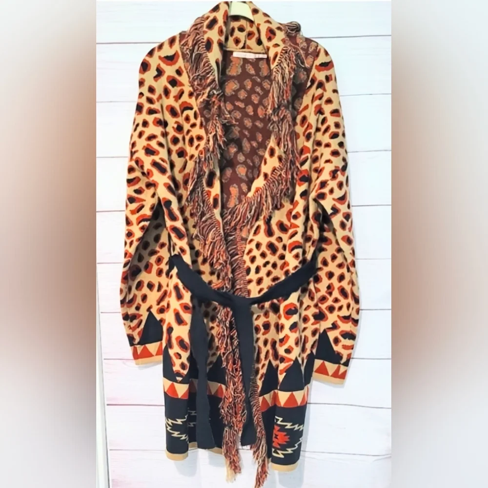 Rare Esqualo Brown and Black Leopard Print Belted Cardigan  Size Large - Picture 3 of 11